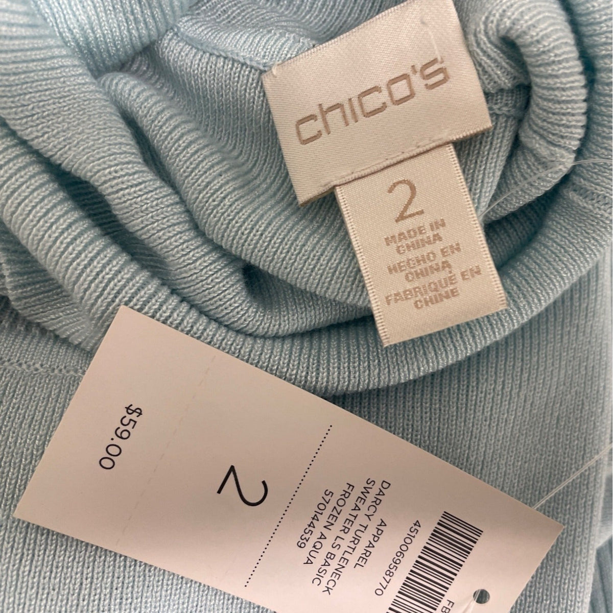 Chicos Women’s Light Blue Long Sleeve Turtleneck Sweater Size 2 - New