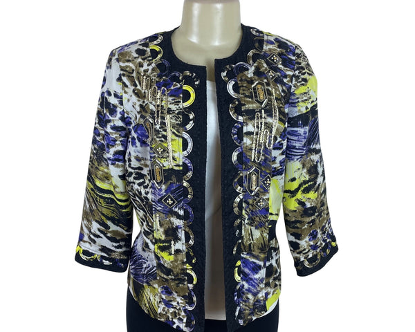 Chicos Womens Multicolor Polyester Open Front Jacket Embellished Design Size 0