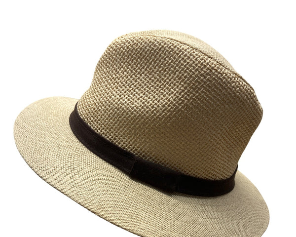 Beige Straw Fedora Hat With Brown Band S/M