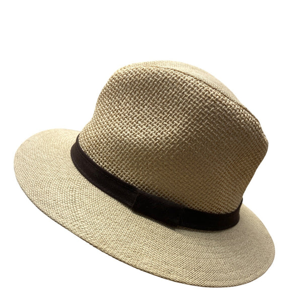 Beige Straw Fedora Hat With Brown Band S/M