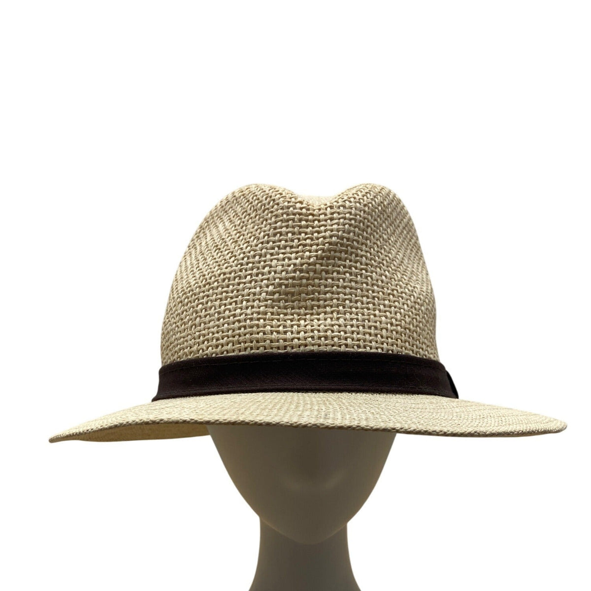 Beige Straw Fedora Hat With Brown Band S/M