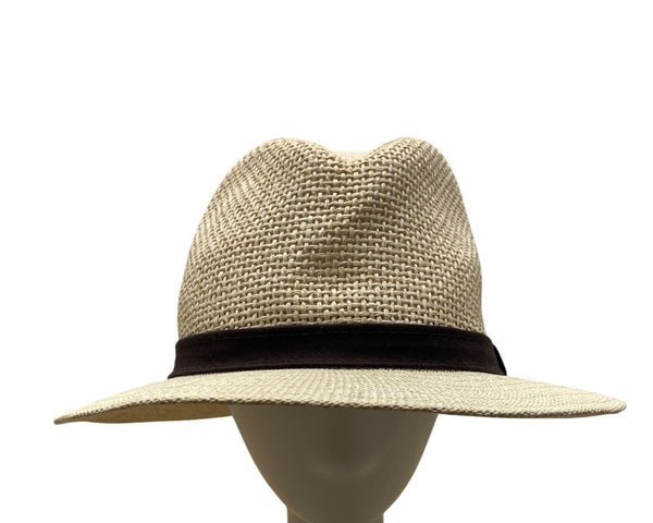 Beige Straw Fedora Hat With Brown Band S/M