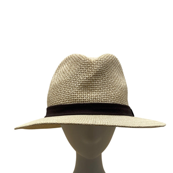 Beige Straw Fedora Hat With Brown Band S/M