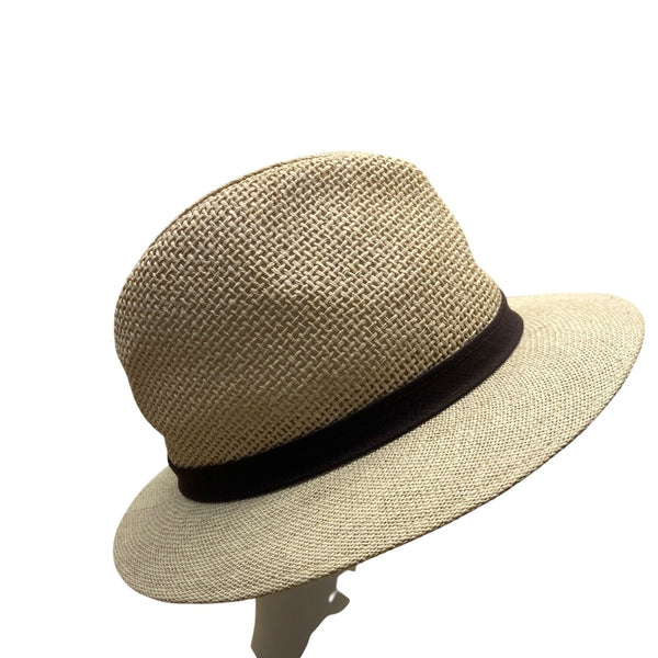 Beige Straw Fedora Hat With Brown Band S/M