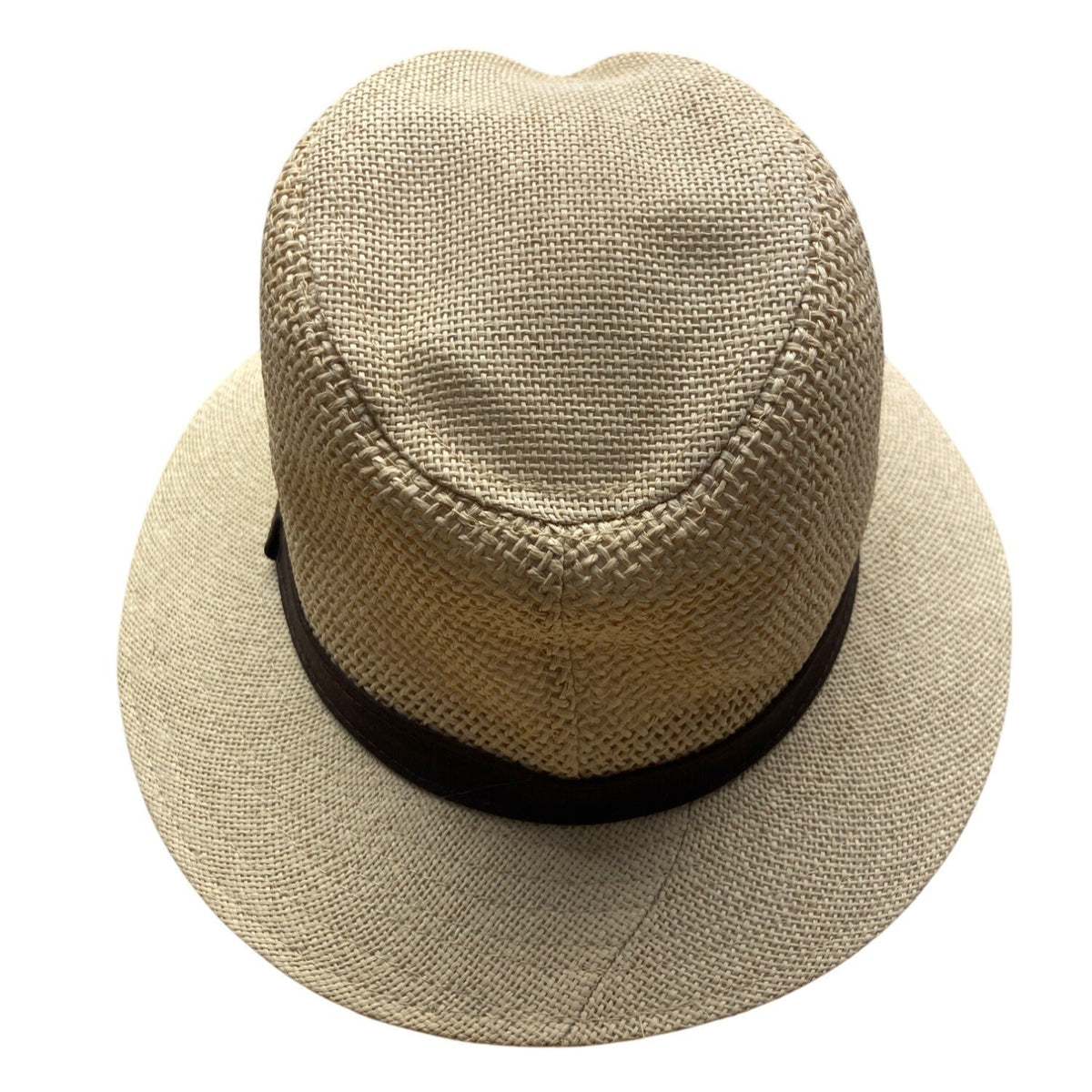 Beige Straw Fedora Hat With Brown Band S/M