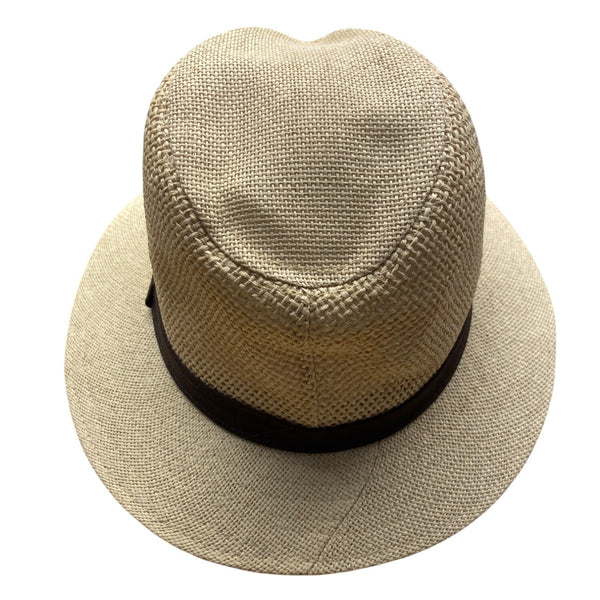 Beige Straw Fedora Hat With Brown Band S/M