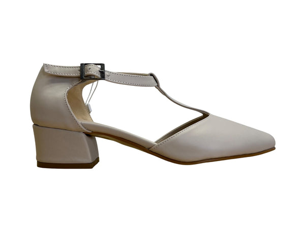 Sultan Handmade Women's Ivory Leather T-Strap Block Heel Shoes Size 7.5 US - New