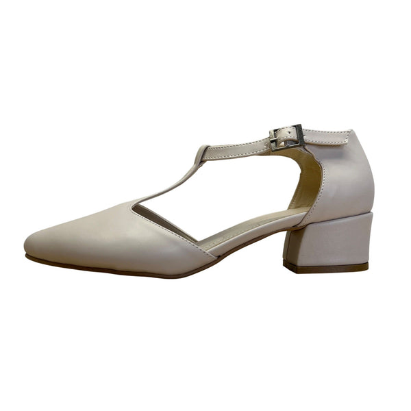 Sultan Handmade Women's Ivory Leather T-Strap Block Heel Shoes Size 7.5 US - New