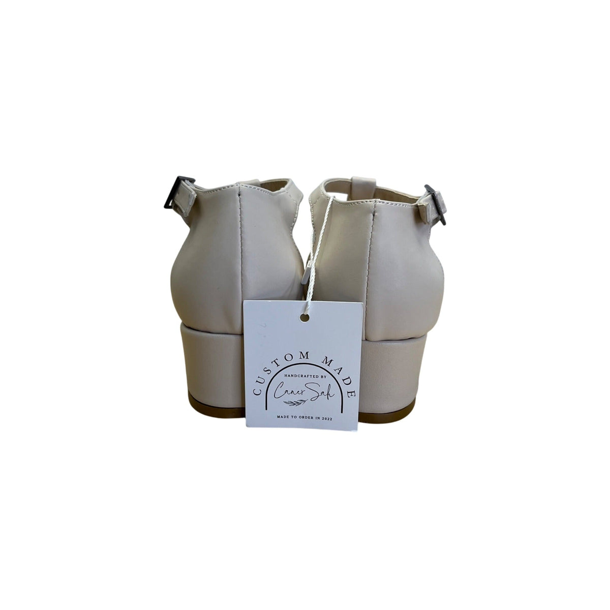 Sultan Handmade Women's Ivory Leather T-Strap Block Heel Shoes Size 7.5 US - New