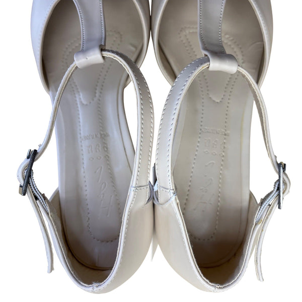 Sultan Handmade Women's Ivory Leather T-Strap Block Heel Shoes Size 7.5 US - New