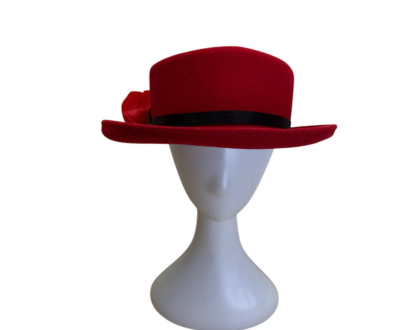 Womens Red Felt Fedora Hat With Black & Red Fabric Flower Accent By Importina