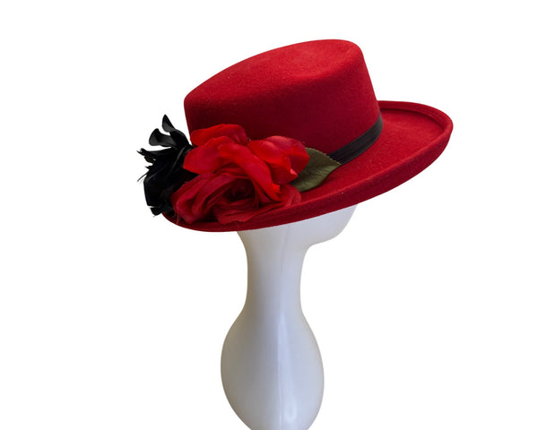 Womens Red Felt Fedora Hat With Black & Red Fabric Flower Accent By Importina