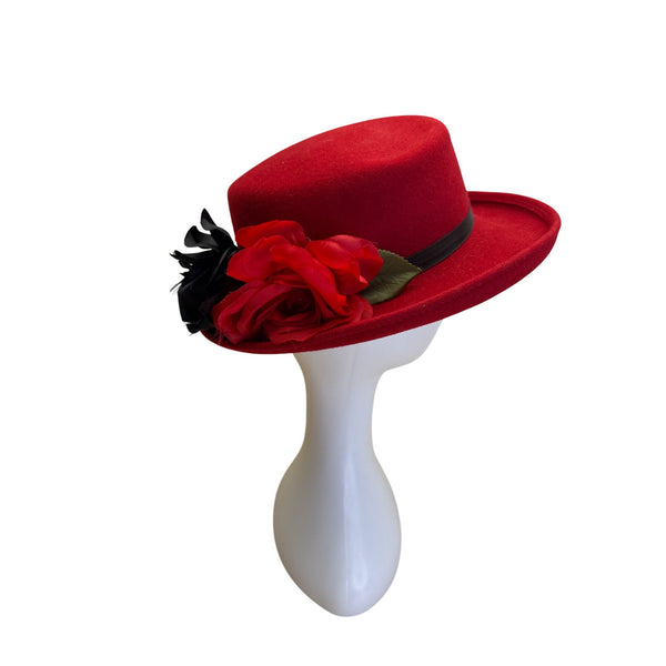 Womens Red Felt Fedora Hat With Black & Red Fabric Flower Accent By Importina