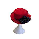 Womens Red Felt Fedora Hat With Black & Red Fabric Flower Accent By Importina