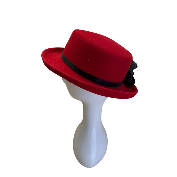 Womens Red Felt Fedora Hat With Black & Red Fabric Flower Accent By Importina