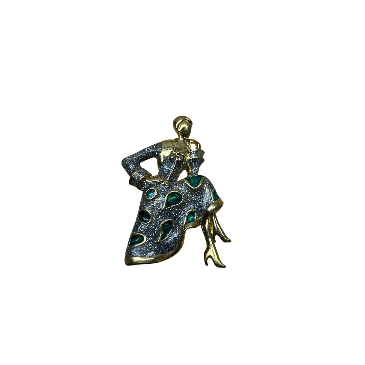 Vintage Gold-Tone Woman Figure Brooch With Glittered Silver Dress & Green Accents