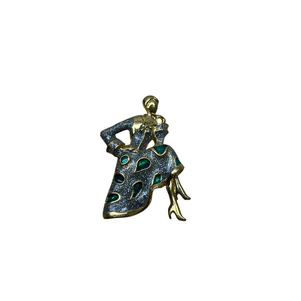 Vintage Gold-Tone Woman Figure Brooch With Glittered Silver Dress & Green Accents
