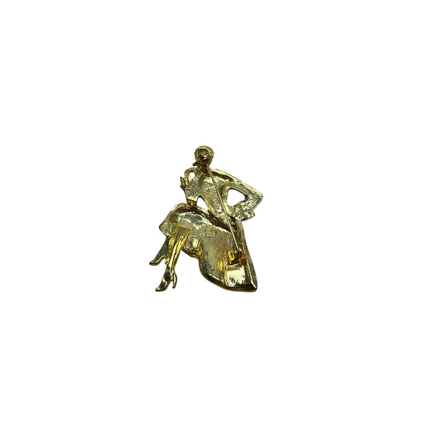Vintage Gold-Tone Woman Figure Brooch With Glittered Silver Dress & Green Accents