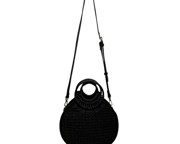 Anthropologie Women’s Black Woven With Dual Handles Round Rattan Crossbody Bag