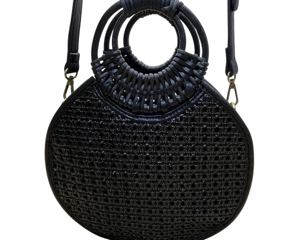 Anthropologie Women’s Black Woven With Dual Handles Round Rattan Crossbody Bag