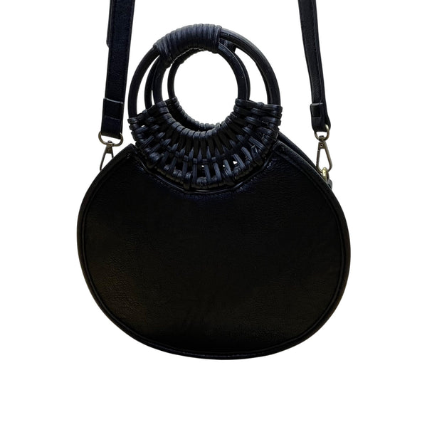 Anthropologie Women’s Black Woven With Dual Handles Round Rattan Crossbody Bag