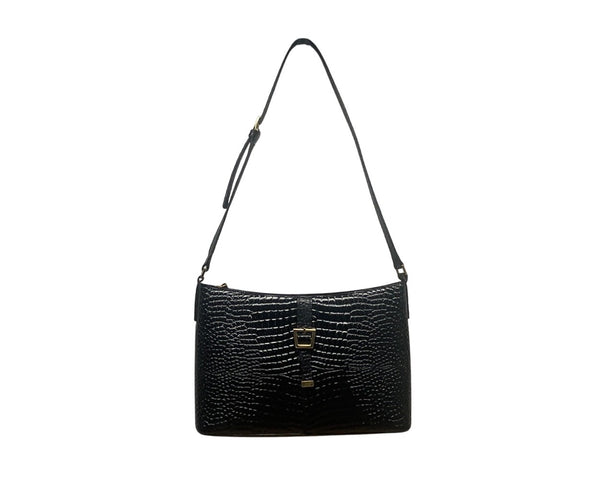 Etienne Aigner Black Croc Embossed Leather Adjustable Strap Shoulder Bag Sz S