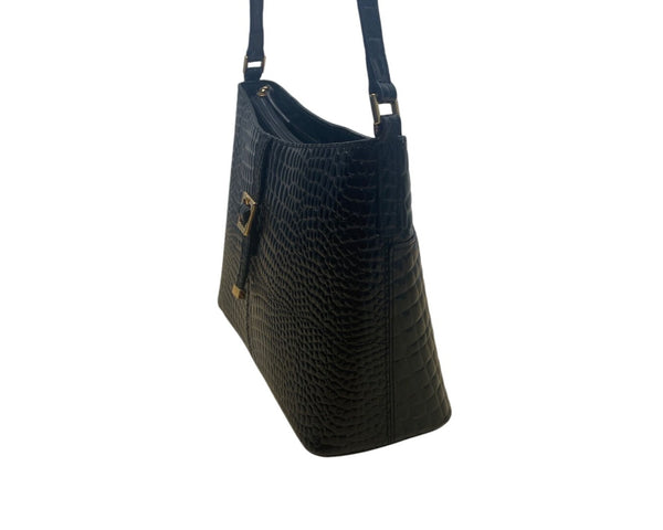 Etienne Aigner Black Croc Embossed Leather Adjustable Strap Shoulder Bag Sz S