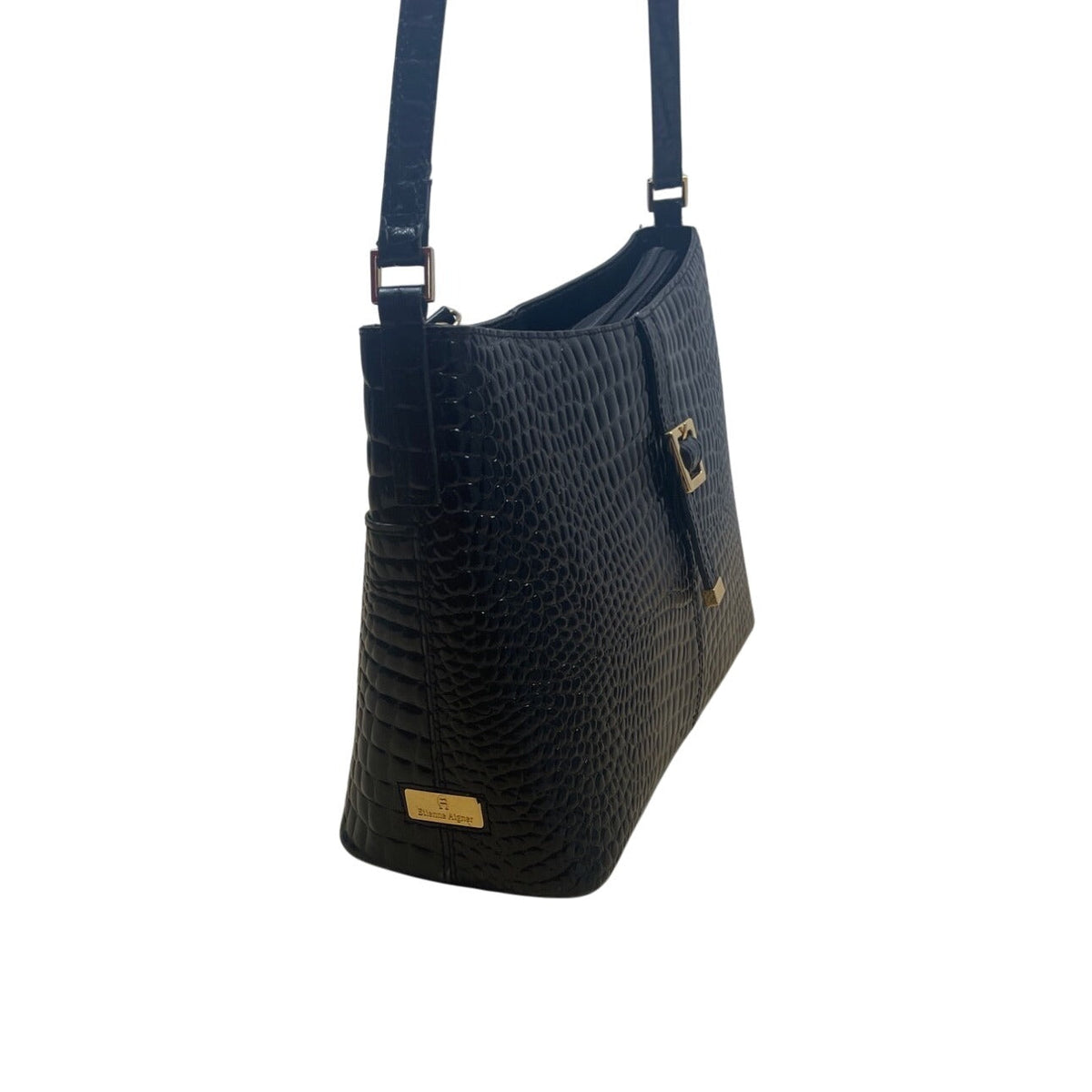 Etienne Aigner Black Croc Embossed Leather Adjustable Strap Shoulder Bag Sz S