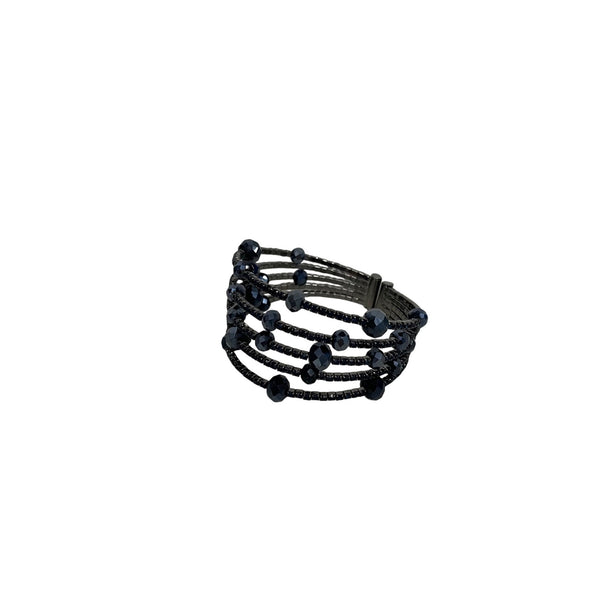 Black Beaded Multi-Strand Bracelet For Women Elegant Metal Band Stretch Design