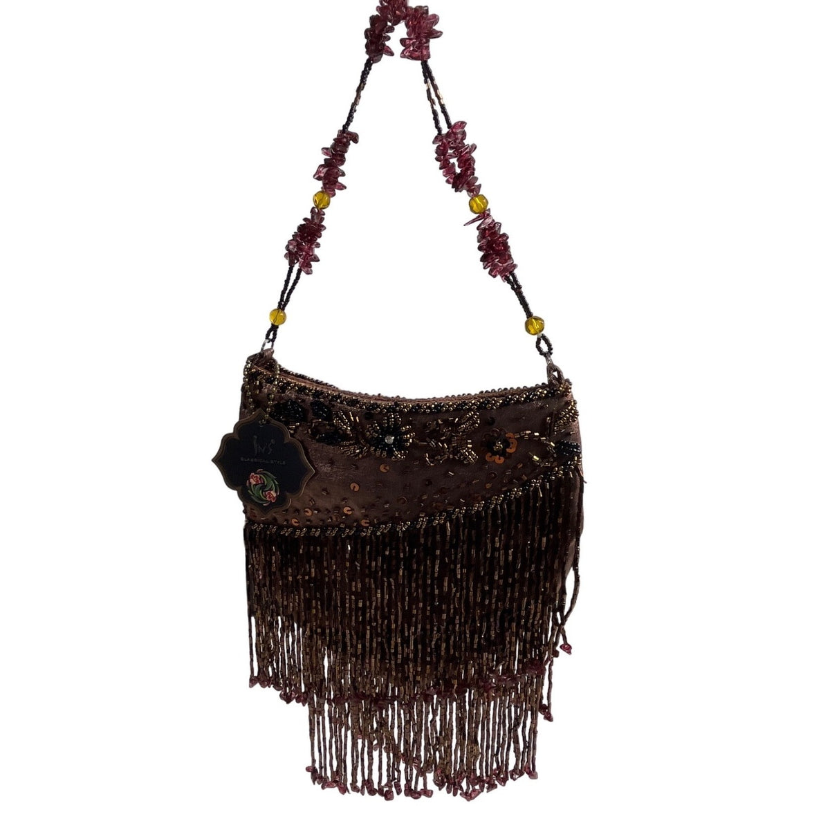 Vtg 80s In’s Classical Style Women's Brown Floral Beads Shoulder Bag Sz S