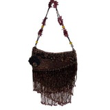 Vtg 80s In’s Classical Style Women's Brown Floral Beads Shoulder Bag Sz S