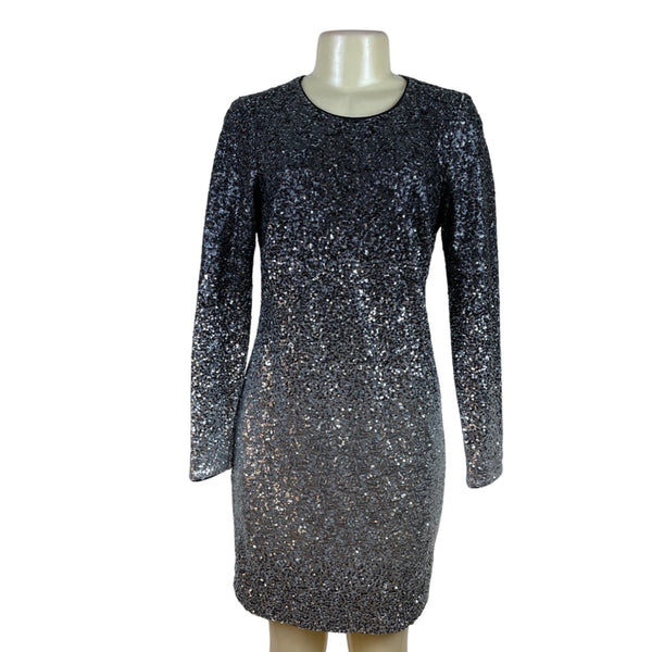 Maia Black Silver Sequin Long Sleeve Mini Dress Glitter Sparkle Cocktail Sz 6