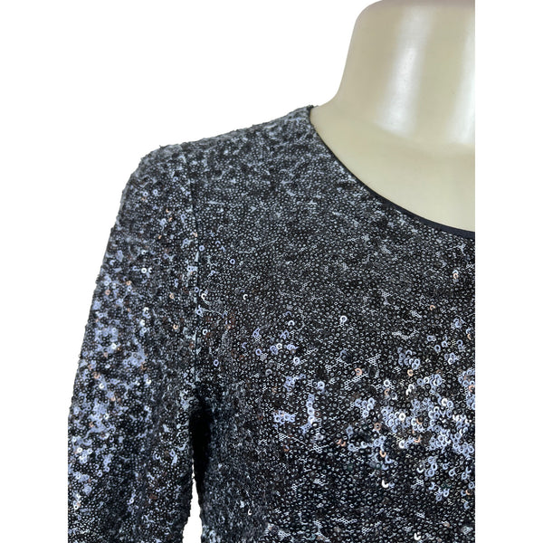 Maia Black Silver Sequin Long Sleeve Mini Dress Glitter Sparkle Cocktail Sz 6