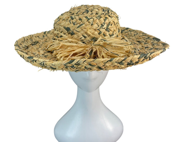 Vintage Style Woven Straw Hat With Green Accents & Decorative Bow Design