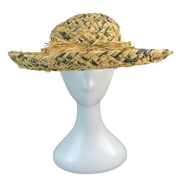 Vintage Style Woven Straw Hat With Green Accents & Decorative Bow Design