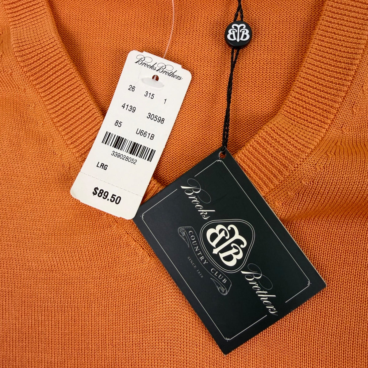 Brooks Brothers Mens Orange Cotton & Silk V-Neck Sweater Size L - New