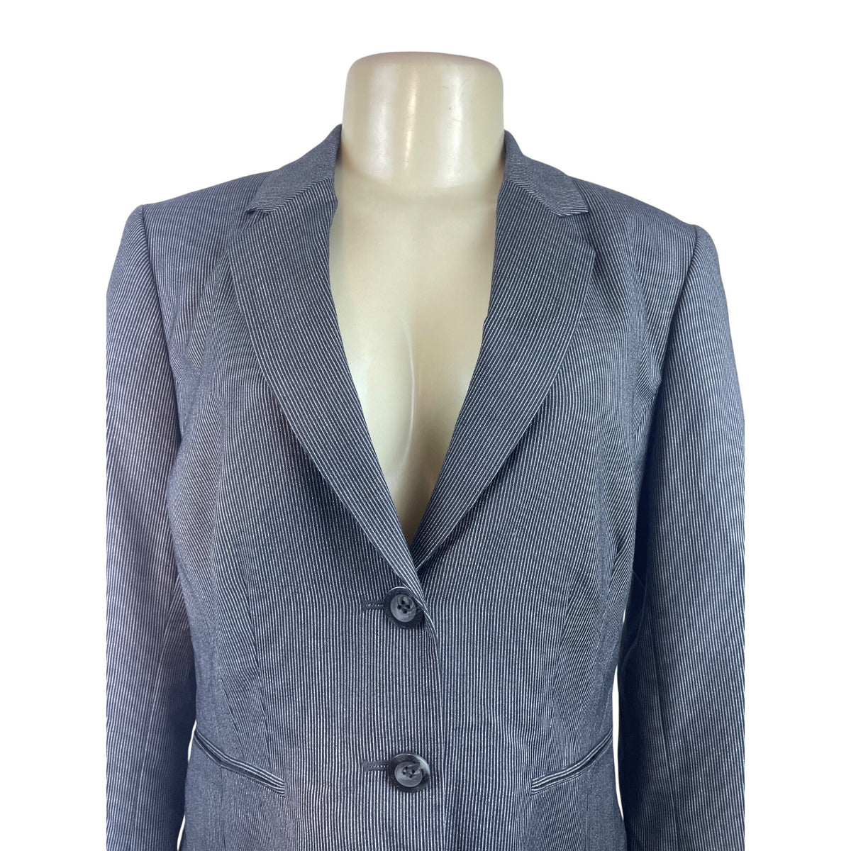 Calvin Klein Womens Gray Pinstripe Blazer Jacket Fitted 2-Button Closure Sz 10