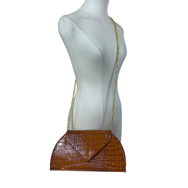 Joy & Iman Women’s Rich Cognac Crocodile-Embossed Chain Strap Clutch Sz M
