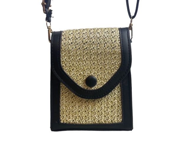 Women's Black & Beige Woven Straw Crossbody Shoulder Bag Sz S