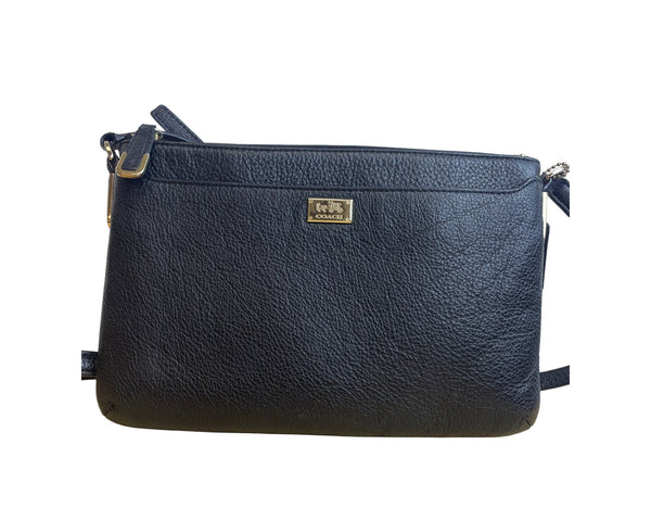 Coach Womens Black Leather Crossbody Bag Adjustable Strap Gold Accents Compact Design