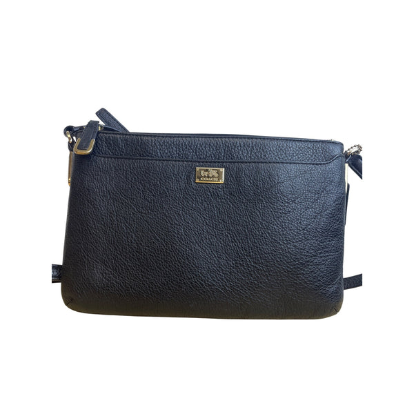 Coach Womens Black Leather Crossbody Bag Adjustable Strap Gold Accents Compact Design