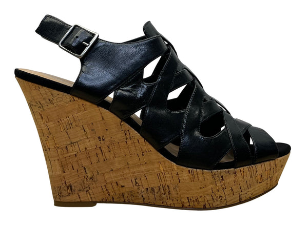 Nine West Women’s Black Leather Wedge Open Toe Josette Sandals Size 9M