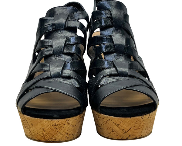 Nine West Women’s Black Leather Wedge Open Toe Josette Sandals Size 9M