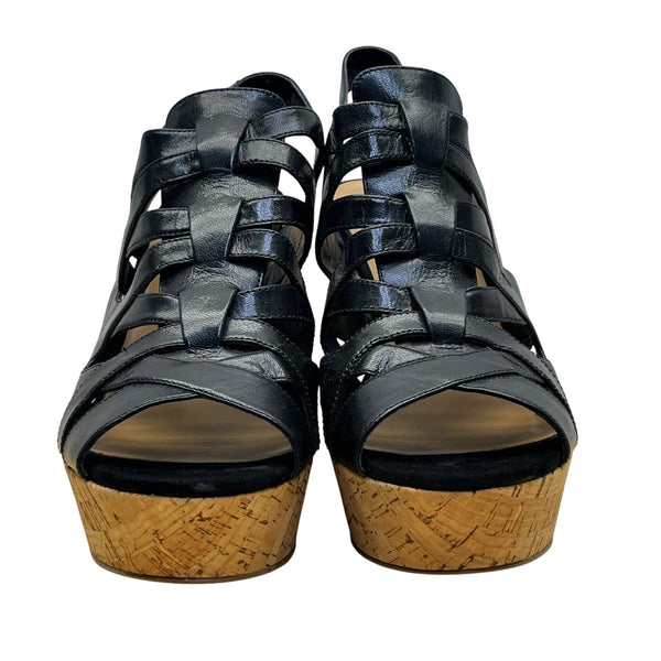 Nine West Women’s Black Leather Wedge Open Toe Josette Sandals Size 9M
