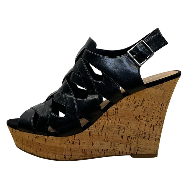 Nine West Women’s Black Leather Wedge Open Toe Josette Sandals Size 9M