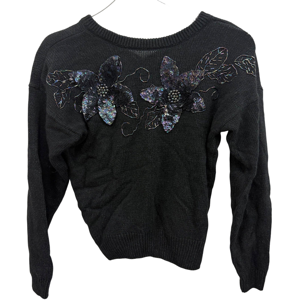 Amanda Smith Petites Black Silk Blend Floral Embellished Sweater Women’s PM Size Knit