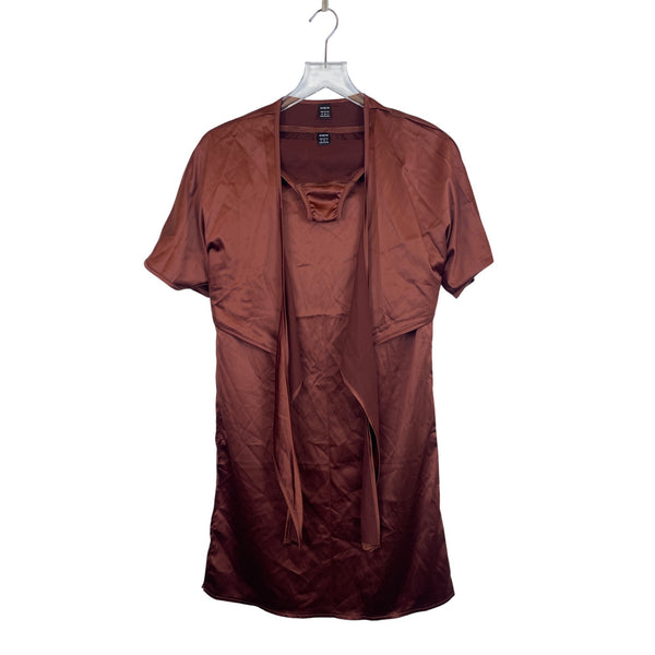 Shein Womens Brown Satin Short-Sleeve Wrap Dress Size Medium