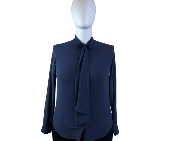 Michael Kors Navy Blue Women’s Long Sleeve Tie-Neck Blouse Sz L - New