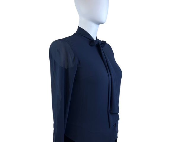 Michael Kors Navy Blue Women’s Long Sleeve Tie-Neck Blouse Sz L - New