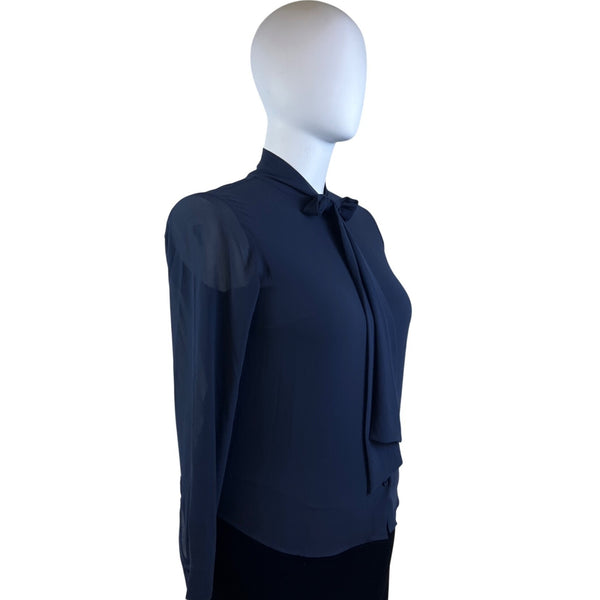 Michael Kors Navy Blue Women’s Long Sleeve Tie-Neck Blouse Sz L - New